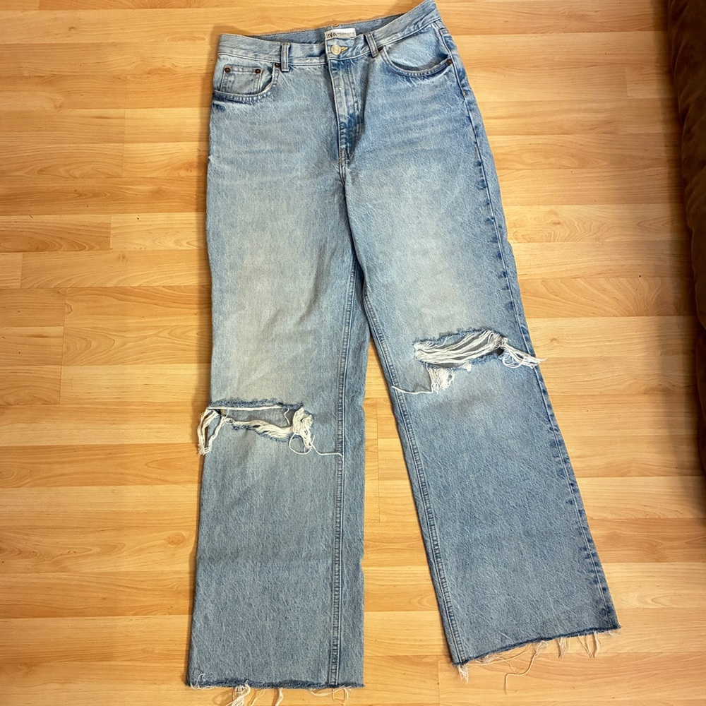 Zara Distressed Wide Leg Jeans – Light Blue, US 10